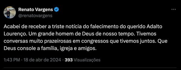 Pastor comunica o falecimento do professor e cientista Adauto Lourenço
