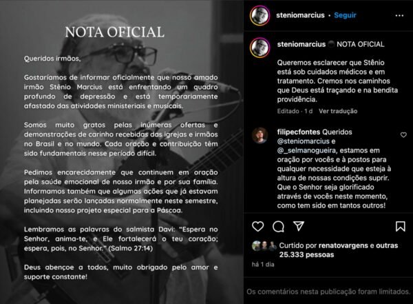 Quadro profundo de depressão afasta respeitado pastor e músico do ministério