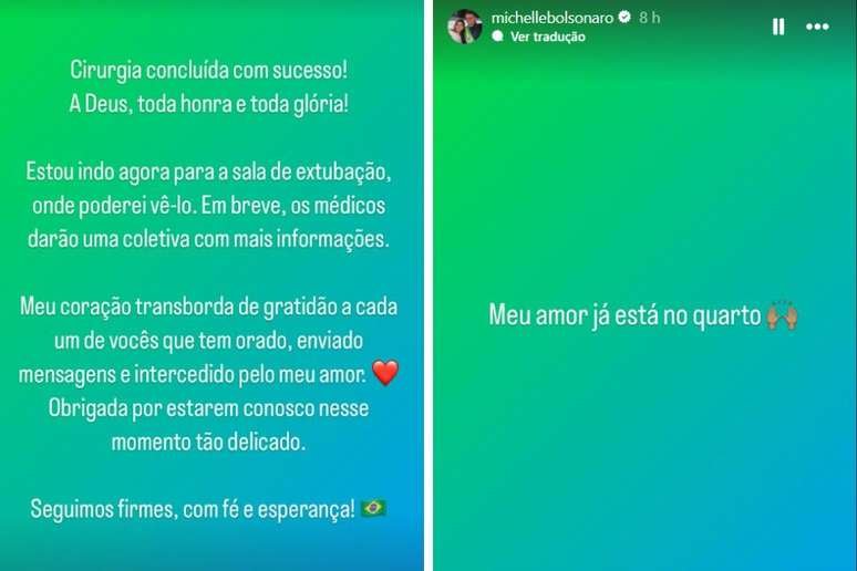 Michelle Bolsonaro atualizou sobre estado de saúde de Jair Bolsonaro após cirurgia de 12 horas