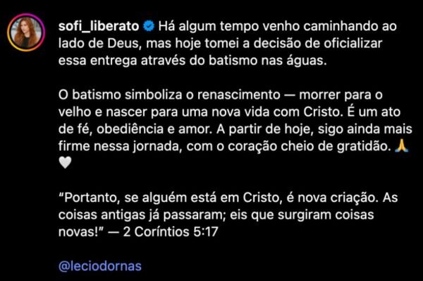 Sofia, filha de Gugu Liberato, é batizada nas águas e cita carta do apóstolo Paulo