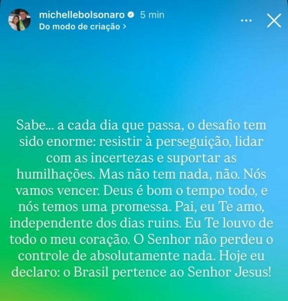 Michelle Bolsonaro faz desabafo após nova ordem de Moraes contra Bolsonaro