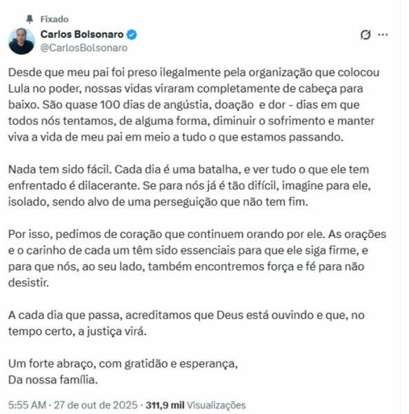 Carlos Bolsonaro pede orações por seu pai e pela família: ‘Não tem sido fácil’